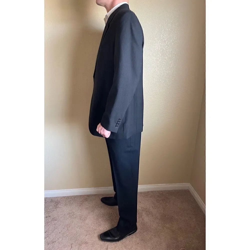John Weitz Studios Pencil Stripe Wool 2 Piece Suit Black Size 42R Portly